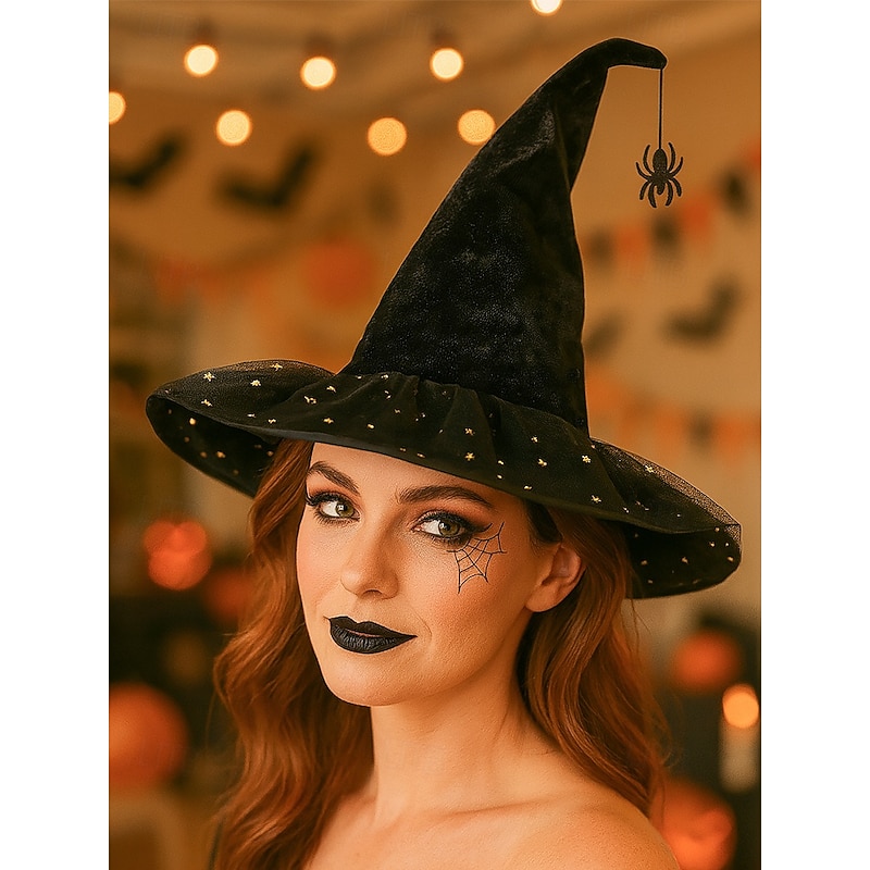 Women's Halloween Witch Hat – Black Velvet Pointed Hat with Spider and Star Mesh Trim for Costume Party, Cosplay and Dress Up Accessories