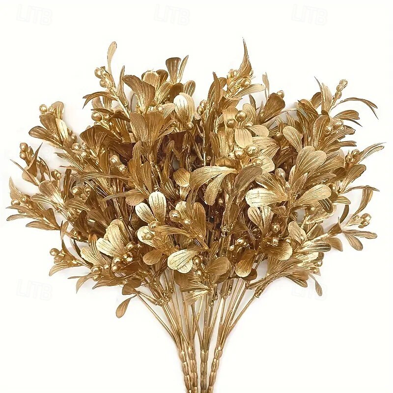 4pcs Gold Artificial Plants – Faux Floral Decorations for Christmas, Thanksgiving, and Winter Holidays – Indoor/Outdoor Use, Feather-Free Plastic Material, DIY Crafts, Centerpieces
