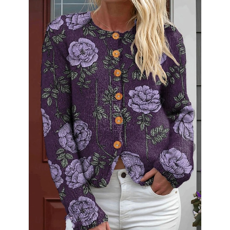 Women's Cardigan Sweater Knitted Ribbed Button Front Round Neck Long Sleeve Lightweight Daily Floral Graphic Geometric Buttons Print Regular Tops Knit Outdoor Weekend Pink Purple Spring Fall3