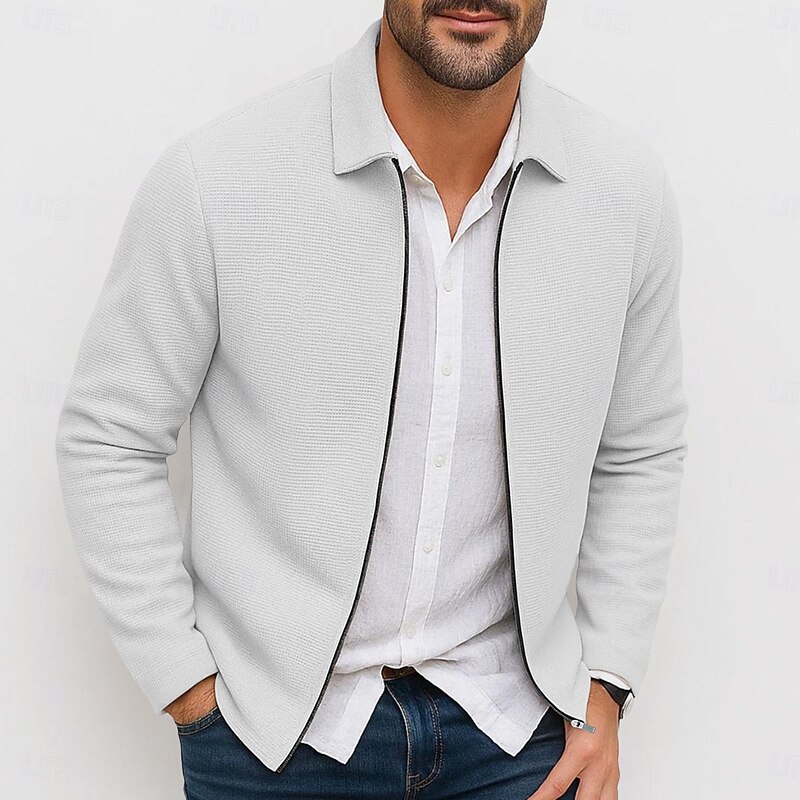 Men's Waffle Jacket Jacket Casual Jacket Outdoor Vacation Warm Plain Spring Fall Winter Plain Fashion Streetwear Lapel Regular Black White Royal Blue Khaki Grey Jacket4