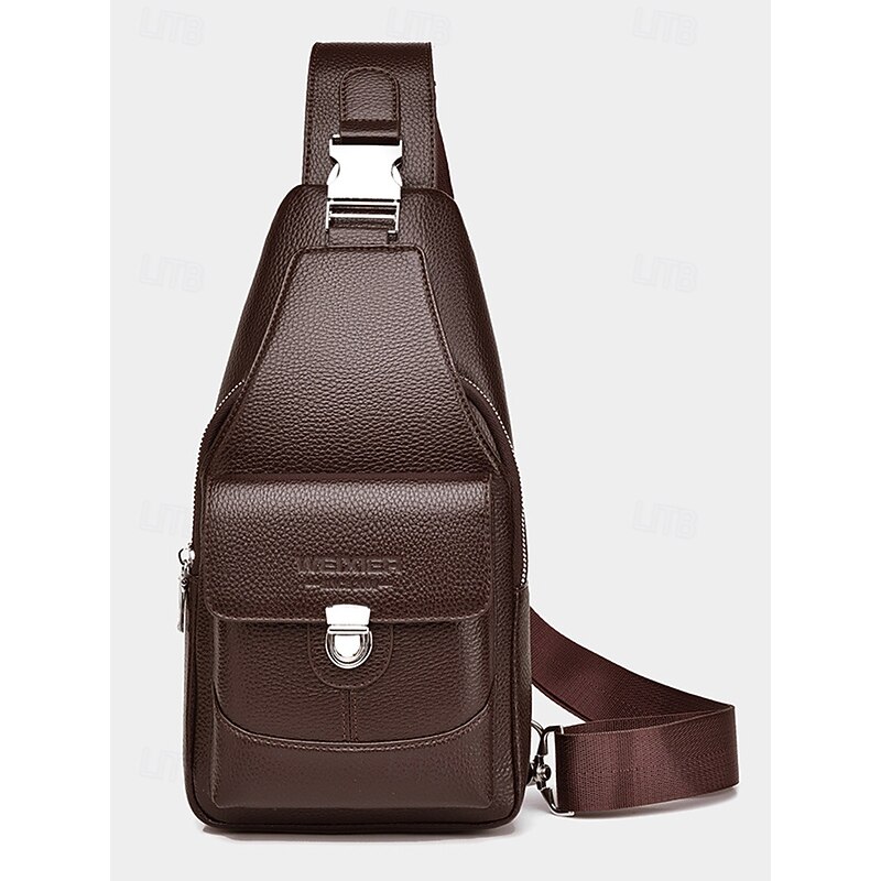 Men's Brown Black Faux Leather Crossbody Sling Bag – Water-Repellent Scratch-Resistant Chest Shoulder Pack for Casual, Travel, and Outdoor Use4
