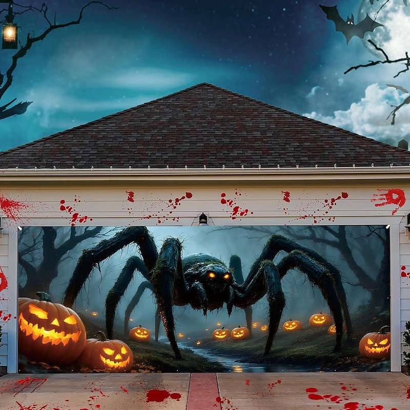 Halloween Garage Door Cover Large Hanging Backdrop Spider 3D Fantasy Dark Punk Gothic Style Party Outdoor Shooting Backgrounds Yard Haunted House Home Decor