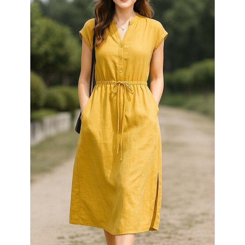 Women's Midi Dress A Line Dress Summer Dress Casual Daily Regular Fit Plain Short Sleeve Stand Collar Yellow Red Summer