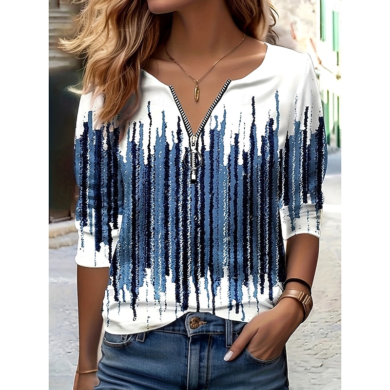 Women's T Shirt Ombre Graphic Striped Elegant Vintage Stylish Long Sleeve V Neck Round Neck Notched Neck Regular Tops Daily Weekend Zipper Print Blue Fuchsia Green Spring Fall Winter