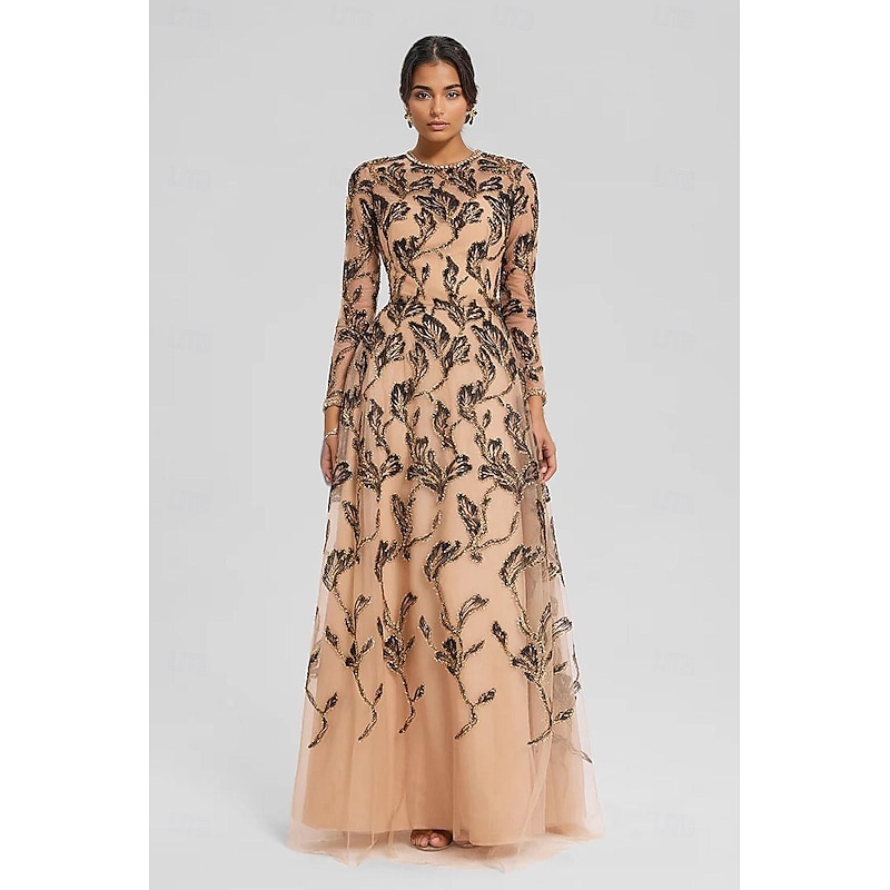 Embroidered Lace Applique A-Line Evening Gown Black and Gold Elegant Dress Formal Wedding Floor Length Long Sleeve Crew Neck Lace with Crystal-embellished Neckline and Sleeve 2025