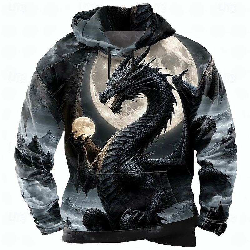 Men's Dragon 3D Hoodie Sweatshirt Cool Party Crew Neck Club Streetwear Purple Green Drawstring Fall Winter Designer