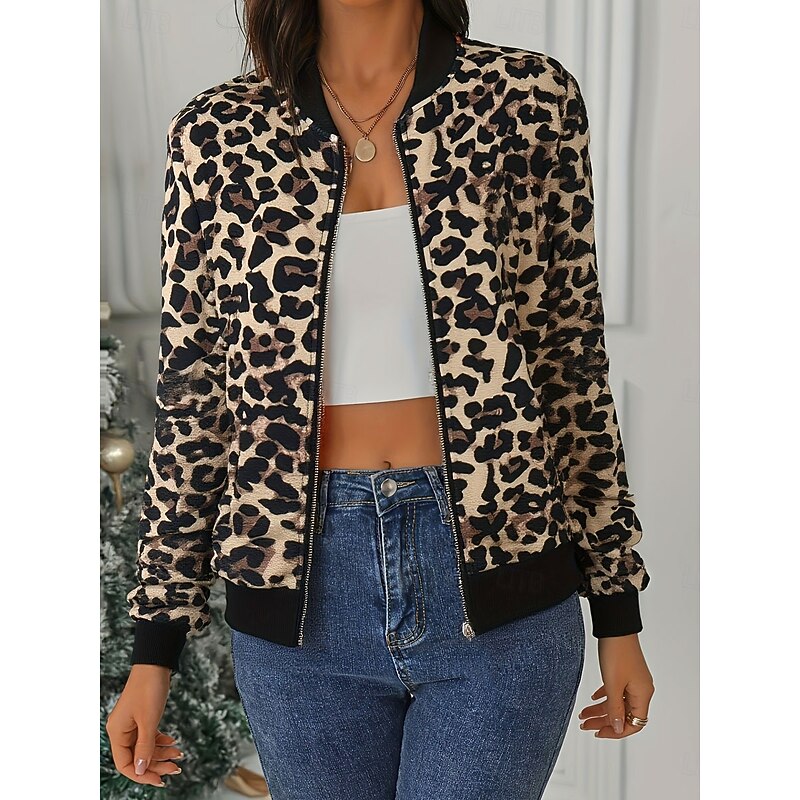Women's Casual Jacket Warm Comfortable Zipper Pocket Elegant Fashion Daily Simple Leopard Vacation Casual Daily Holiday Regular Baseball Collar Regular Fit Long Sleeve Outerwear White Khaki Spring3