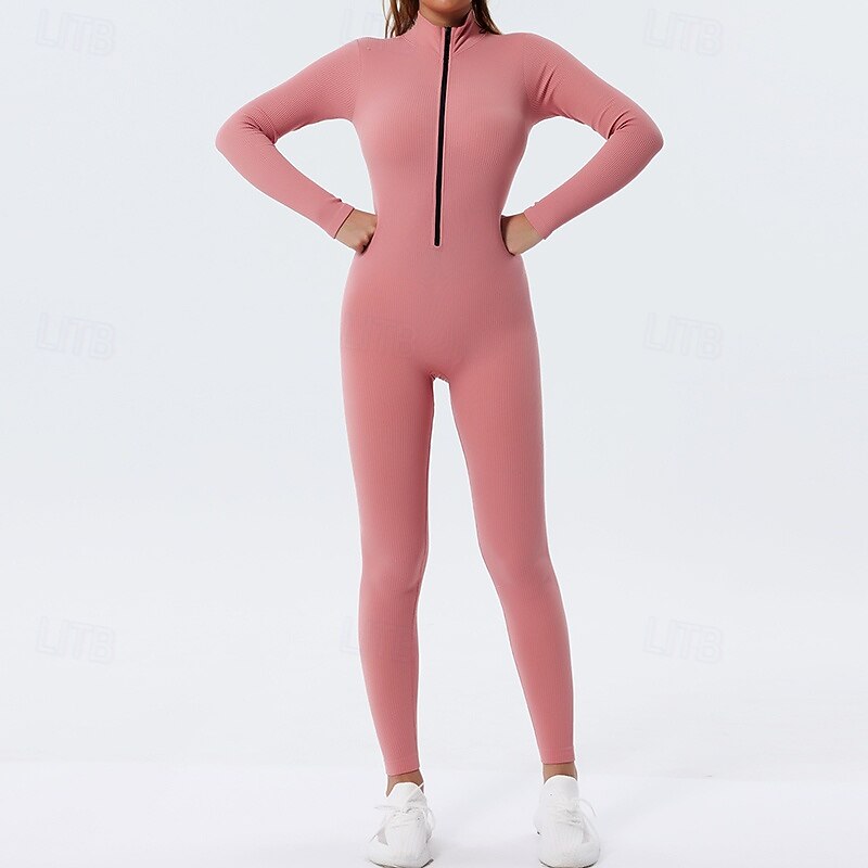 Women's Workout Jumpsuit One Piece Romper Fall Zip Up Solid Color Bodysuit Black Pink Gym Athletic Running Breathable Tummy Control Long Sleeve Sport Activewear2