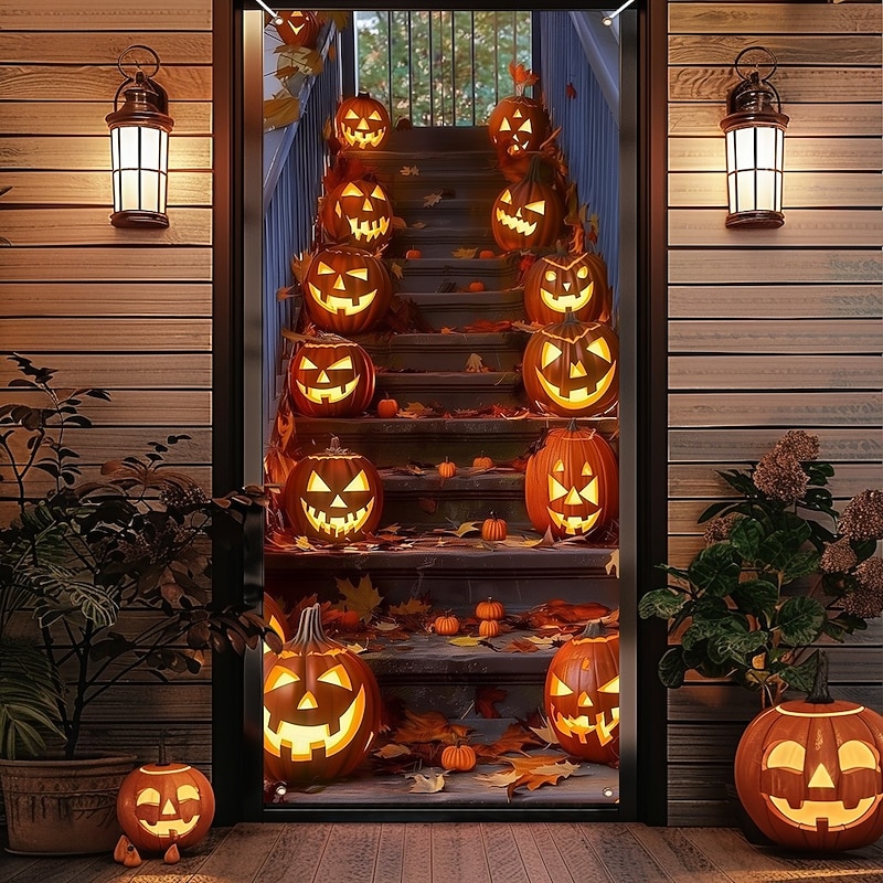 Halloween Door Decorations Halloween Door Covers Door Tapestry Pumpkins Forest Door Curtain Decoration Backdrop Door Banner for Front Door Farmhouse Holiday Party Decor Supplies
