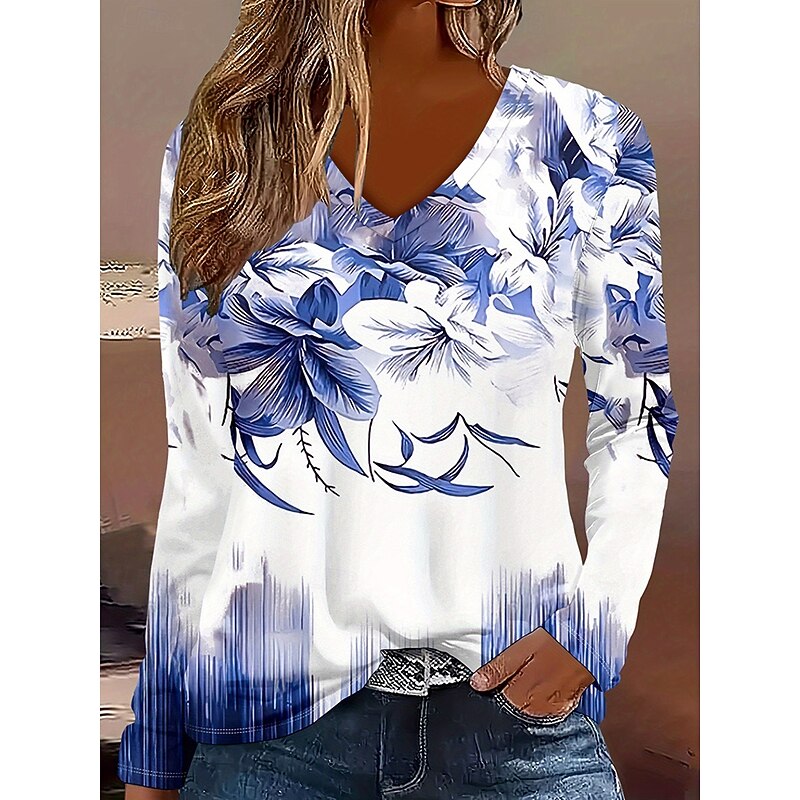 Women's T Shirt Ombre Floral Graphic Vintage Stylish Classic Long Sleeve V Neck Regular Tops Daily Print Royal Blue Spring Fall Winter
