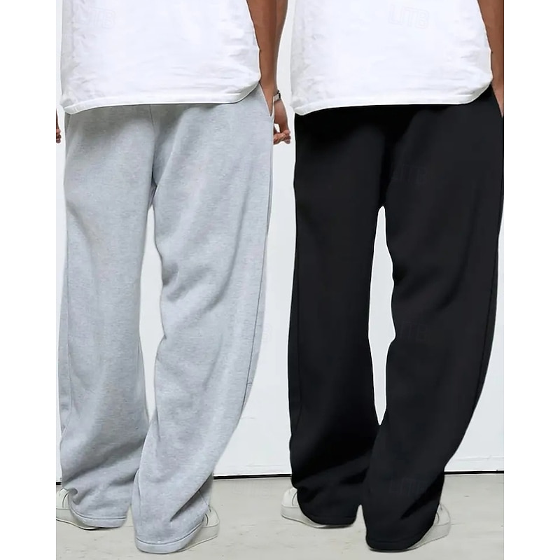 Multi Packs 2pcs Men's Black+Gray Sweatpants Trousers Straight Leg Sweatpants Drawstring Elastic Waist Plain Vacation Daily Wear Polyester Spring2