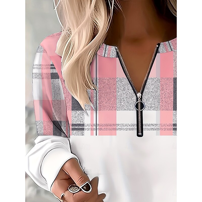 Women's Pullover Sweatshirt Zip Up Sweatshirts Graphic Geometric Plaid Fashion Casual Long Sleeve Crew Neck Regular Tops Street Dailywear Zipper Print Light Pink Spring Fall Winter2