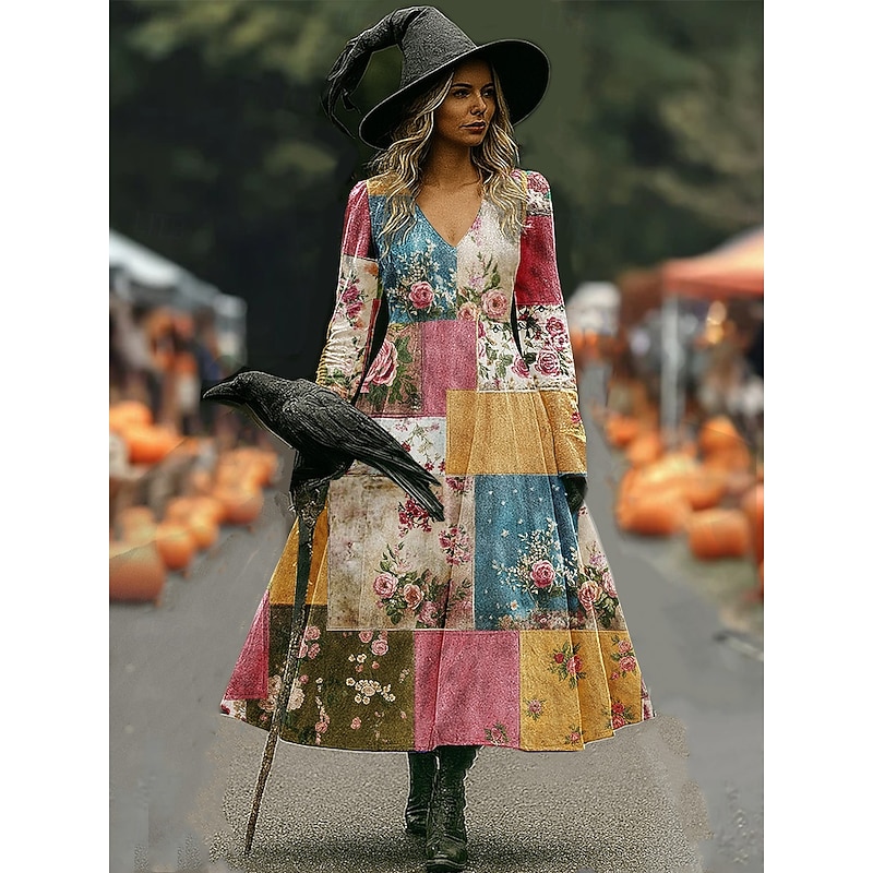 Halloween Women's Witch Print Maxi Dress A Line Dress Vacation Casual Boho Beach Regular Fit Floral Graphic Long Sleeve V Neck Deep Purple Black Pink Wine Spring Fall3