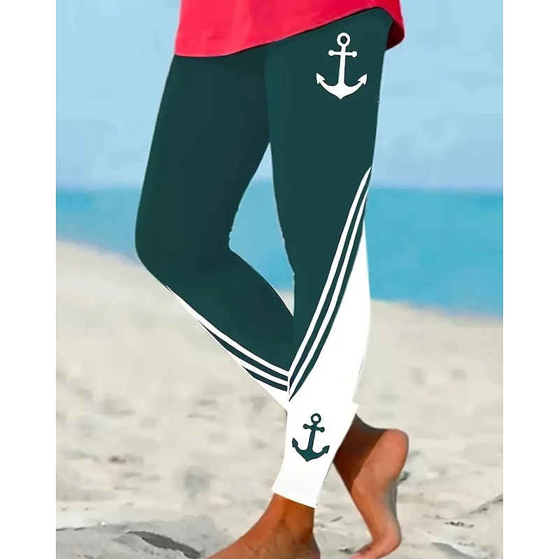 Women's Pants Trousers Leggings Cozy Leggings Streetwear Casual Full Length High Waist Color Block Elastic Waist Print Breathability Comfortable Stretchy Vacation Street Daily Wear Black Navy Blue