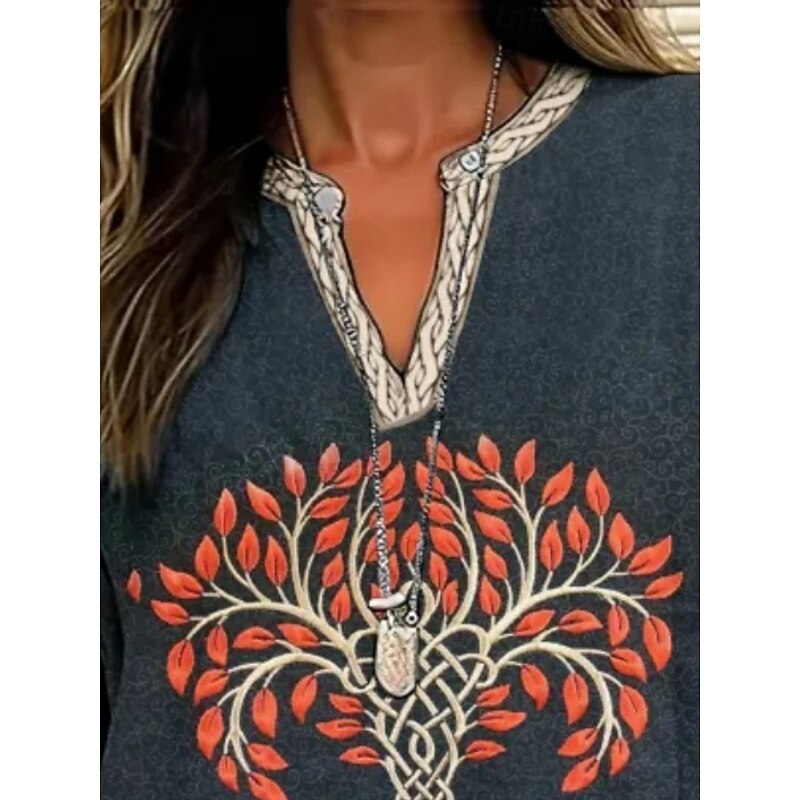 Women's Shirt Floral Daily Retro Vintage Long Sleeve V Neck Regular Tops Daily Holiday Print Navy Blue Summer Spring Fall3