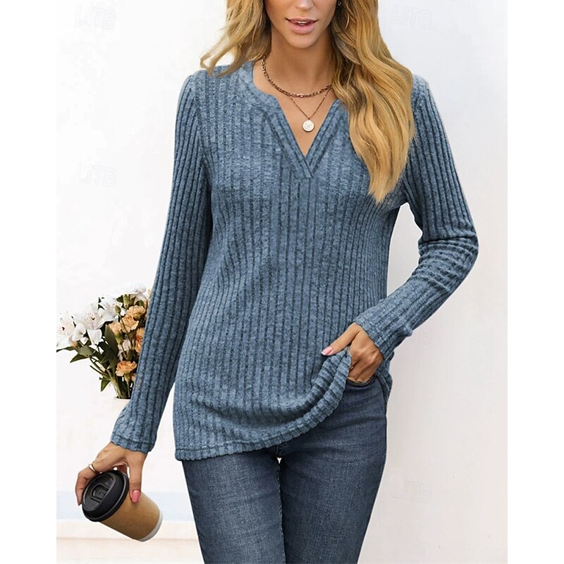 Women's Sweater Fashion Solid Color Ribbed V Neck Knitted Long Sleeve Regular Tops Knit Holiday Going out Weekend Black Wine Winter