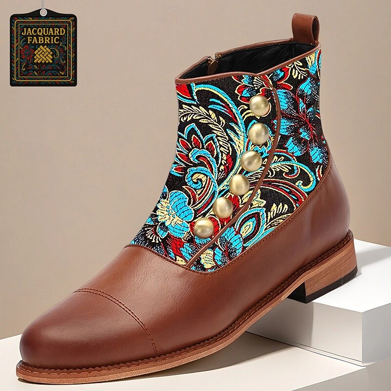 Men's Brown and Blue Jacquard Fabric Ankle Boots with Embroidered Pattern, Retro Fashion Statement Boots for Party, Stage Performance and Special Events