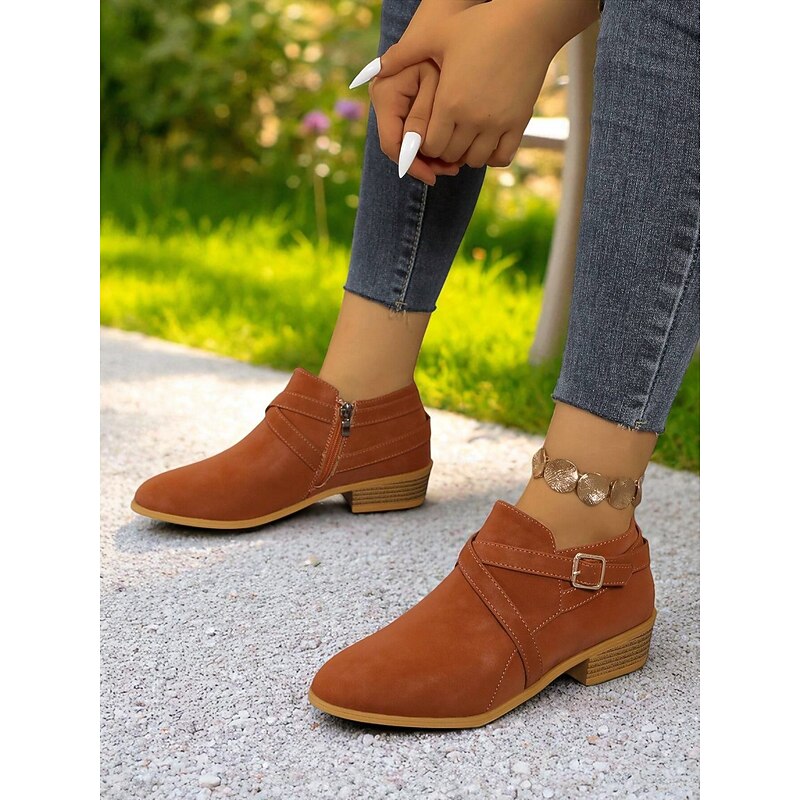 Women's Brown Low Heel Ankle Boots with Side Zipper and Buckle Strap – Stylish Casual Boots for Fall & Everyday Wear4