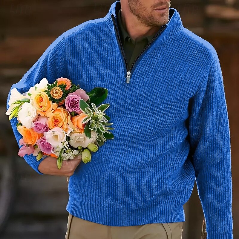 Men's Sweater Pullover Sweater Jumper Quarter Zip Pullover Sweater Ribbed Knit Regular Tops Knitted Slim Fit Plain High Neck Knitwear Contemporary Casual Daily Wear Clothing Apparel Fall Black White