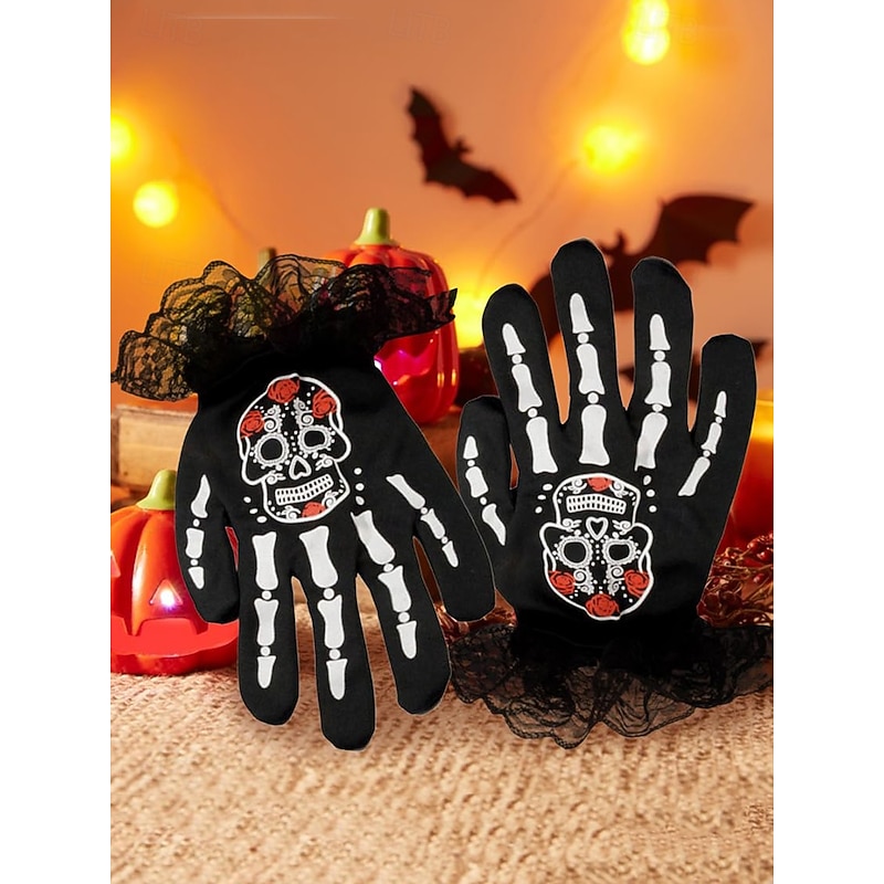 Women's Halloween Skeleton Gloves – Black Lace Cuff Sugar Skull Printed Costume Accessories for Party, Cosplay and Nightlife4