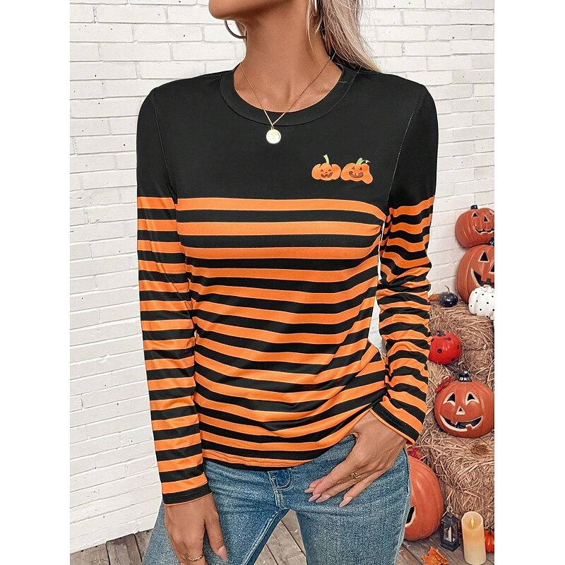 Halloween Women's T shirt Crew Neck Long Sleeve Tunic Graphic Geometric Pumpkin Vintage Stylish Classic  Round Neck Regular Tops Daily Print Black Orange Spring Fall3