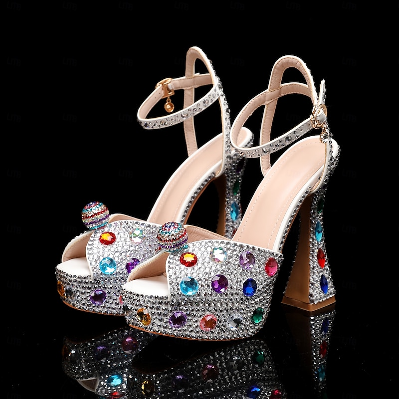 Women's Colorful Rhinestone Platform Sandals – Sparkly Crystal Embellished Ankle Strap Chunky High Heel Shoes for Wedding, Prom, and Party Events2