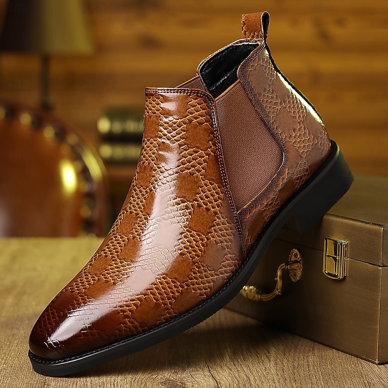 Men's Brown Crocodile Embossed  Chelsea Boots – Elegant Slip-On Dress Shoes for Office, Dinner Parties and Formal Occasions
