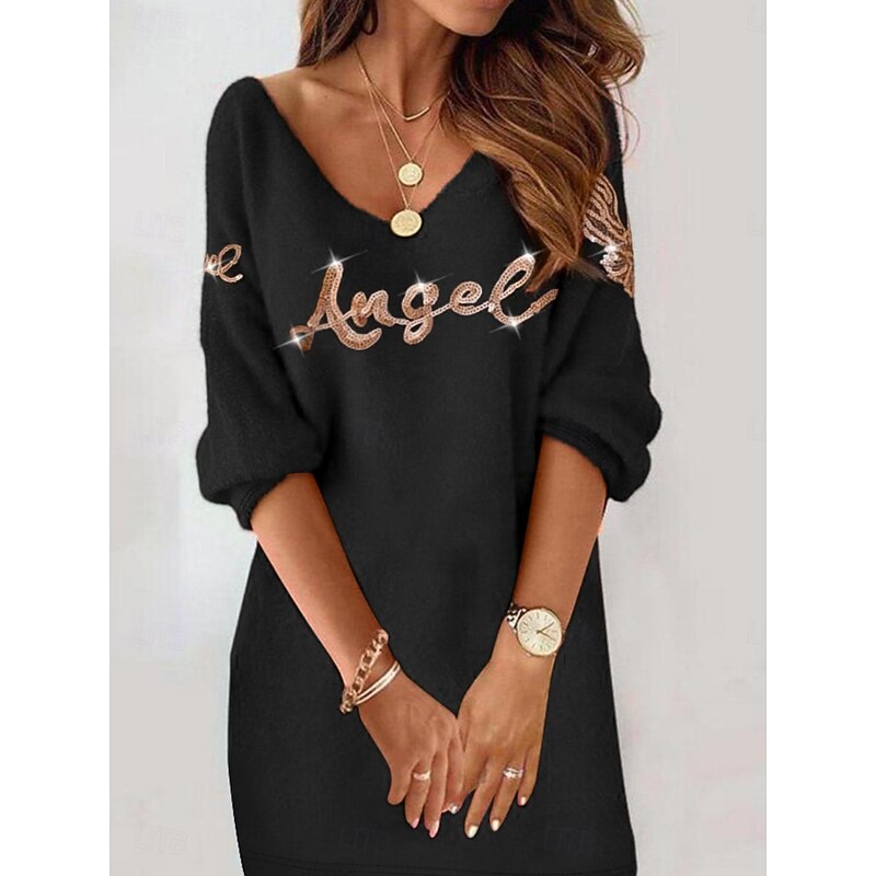 Women's Mini Dress Casual Dress Winter Dress Shift Dress Fashion Modern Daily Beach Weekend Regular Fit Letter Long Sleeve V Neck Black Summer Spring Fall Autumn