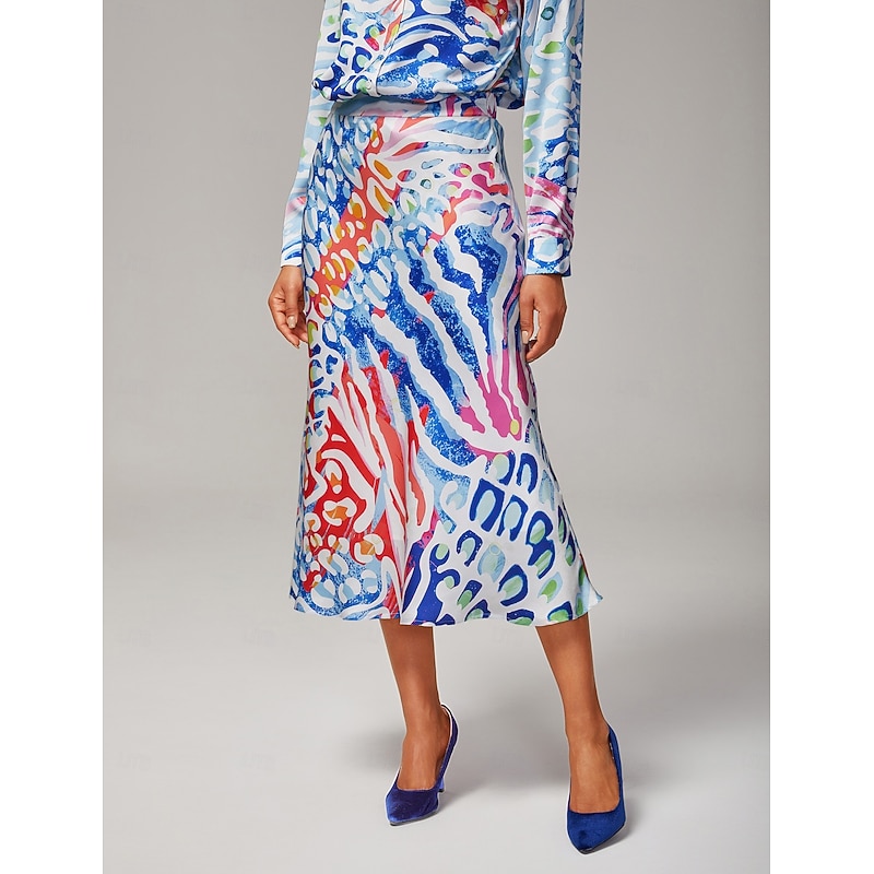 Women's Watercolor Leopard Satin Mermaid Skirt Elastic Waistband Lined Elegant Stylish Casual Bold Print Daily Work Fall