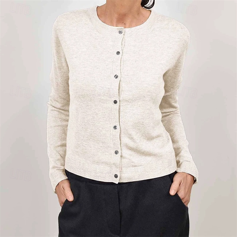 Women's Sweater Fashion Solid Color Ribbed Crew Neck Buttons Knitted Long Sleeve Regular Tops Knit Holiday Going out Weekend Blue Camel Fall4