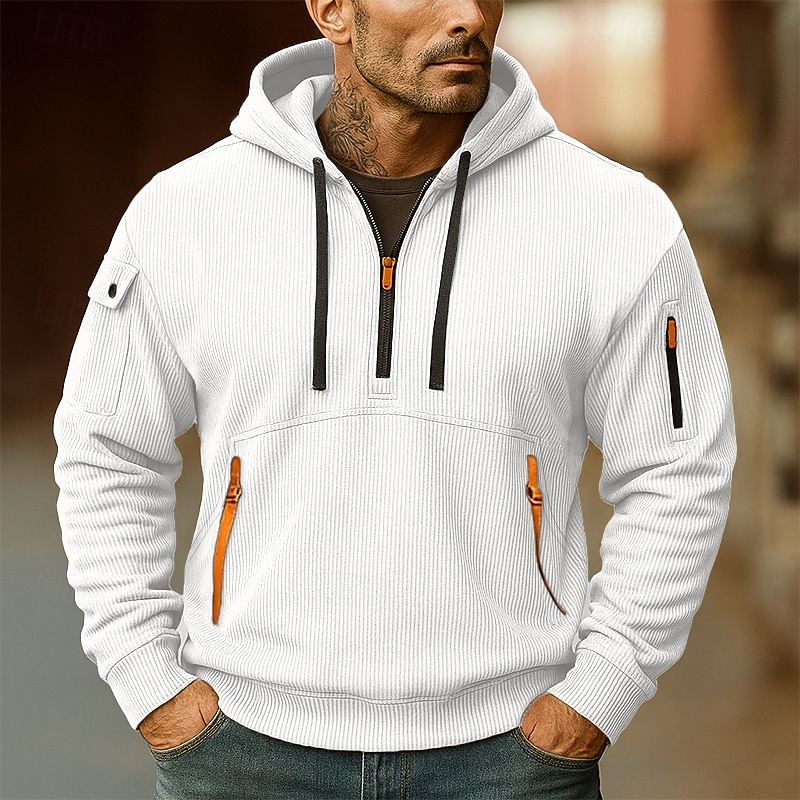 Men's Hoodie Corduroy Quarter Zip Hoodie Fleece Hoodie Tactical Hoodie Black White Red Blue Khaki Hooded Plain Zipper Sports & Outdoor Casual Daily Streetwear Cool Sportswear Spring &  Fall Clothing2