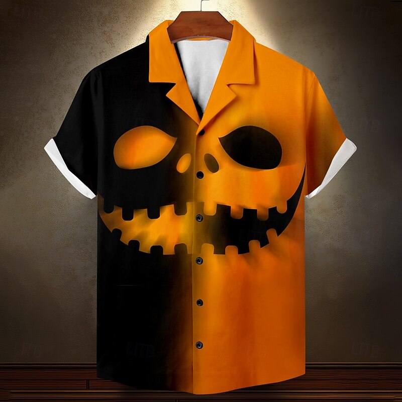 Halloween Men's Grimace Halloween Costumes Shirt Cuban Collar Shirt Button Up Shirt Short Sleeve Dark Gothic Style Holiday Summer Camp Collar Shirt 3D Print Orange