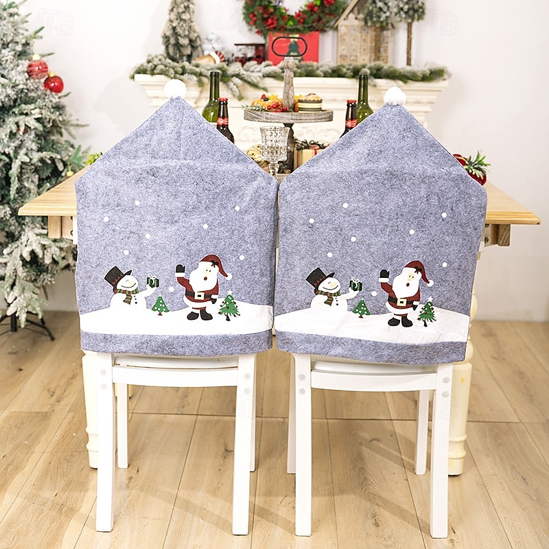 2Pcs Christmas Gray Chair Covers, Non-Woven Santa Claus & Snowman Chair Back Covers, Holiday Dining Chair Decorations, Gray Printed Santa Hat Slipcovers3
