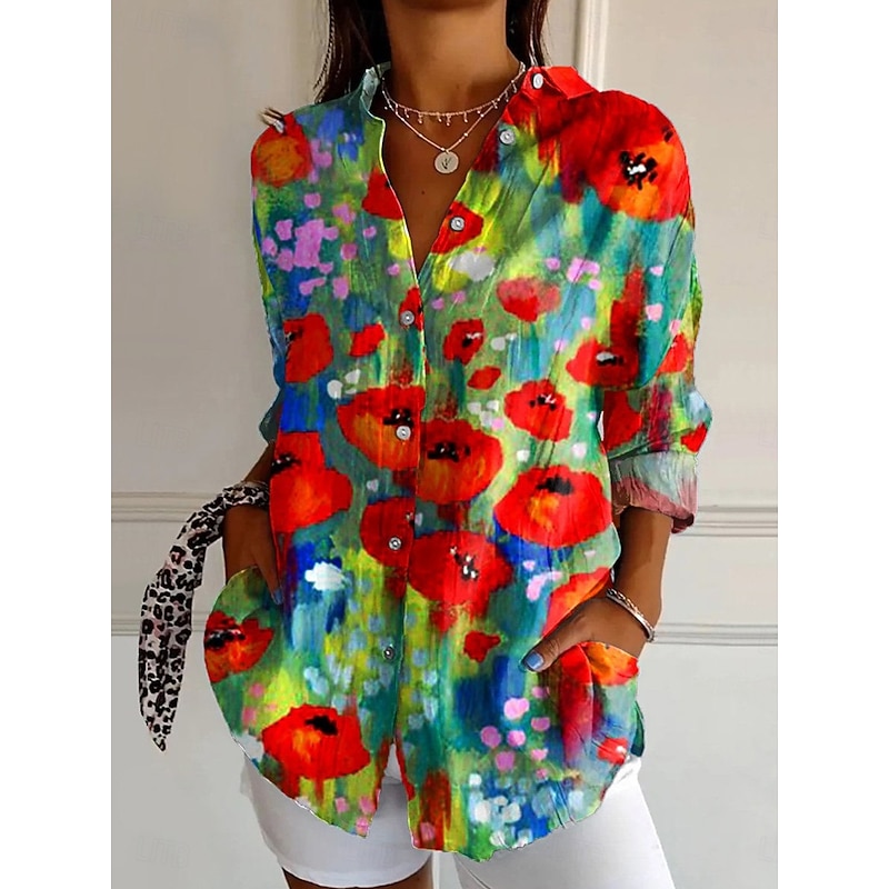 Women's Shirt Floral Graphic Vintage Daily Casual Long Sleeve Shirt Collar Regular Tops Daily Holiday Print Pink Red Blue Fuchsia Summer Spring3