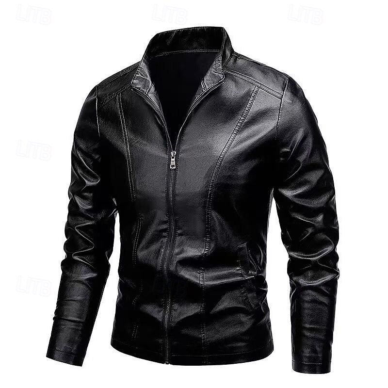Men's Faux Leather Jacket Motorcycle Jacket Outdoor Casual Windbreaker Slim Fit Fall Winter Solid Color Punk Active Regular Black Burgundy Blue Jacket