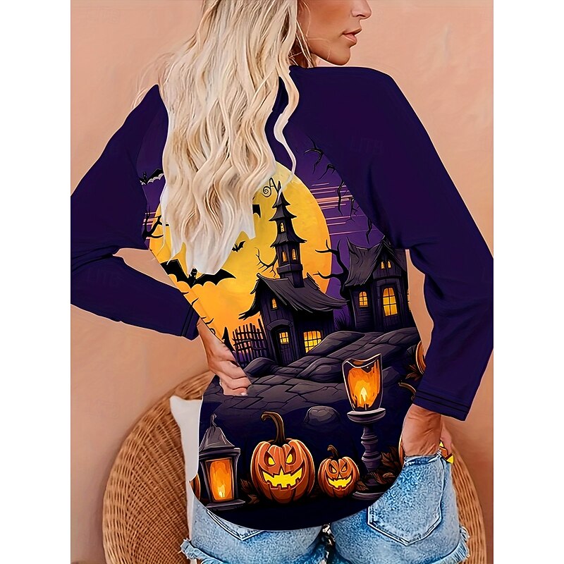 Halloween Women's T Shirt Castle Graphic Vintage Stylish Classic Long Sleeve Round Neck Regular Tops Daily Weekend Print Purple Fall Winter2