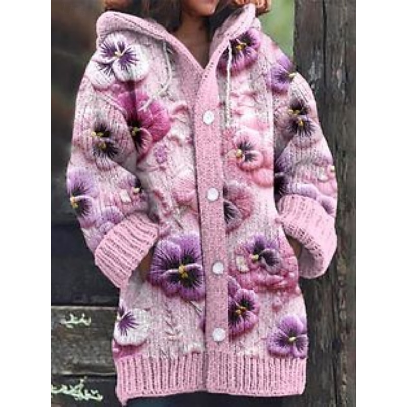 Women's Cardigan Vacation Daily Floral Ribbed Hooded Knitted Print Front Pocket Long Sleeve Regular Tops Knit Outdoor Daily Holiday White Light Green Fall Winter4