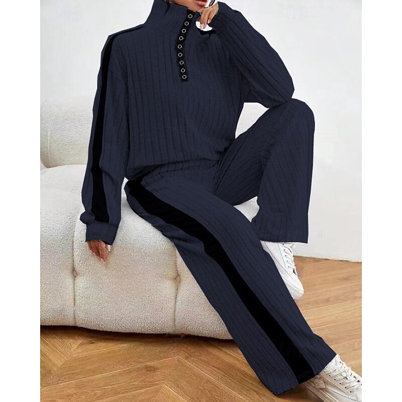 Women's Active Fashion Blouse Pants Sets Long Sleeve Shirt Collar Color Block Patchwork Vacation Daily Wear Army Green Royal Blue Fall Regular Fit2