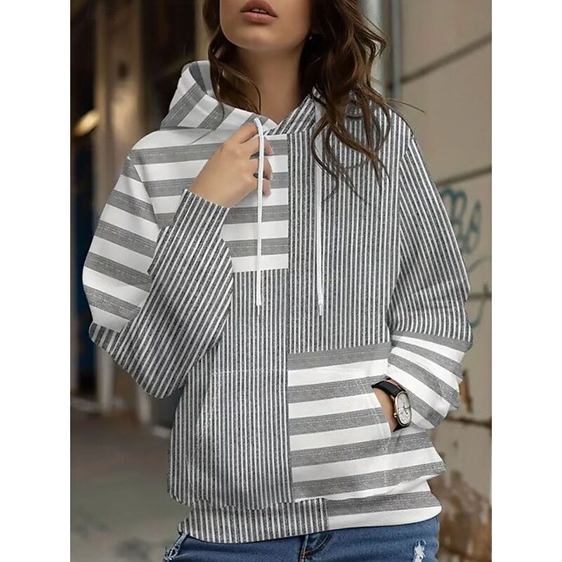 Women's Hoodies Graphic Striped Vintage Retro Casual Long Sleeve Hooded Regular Tops Street Casual Print Gray Fall Winter2