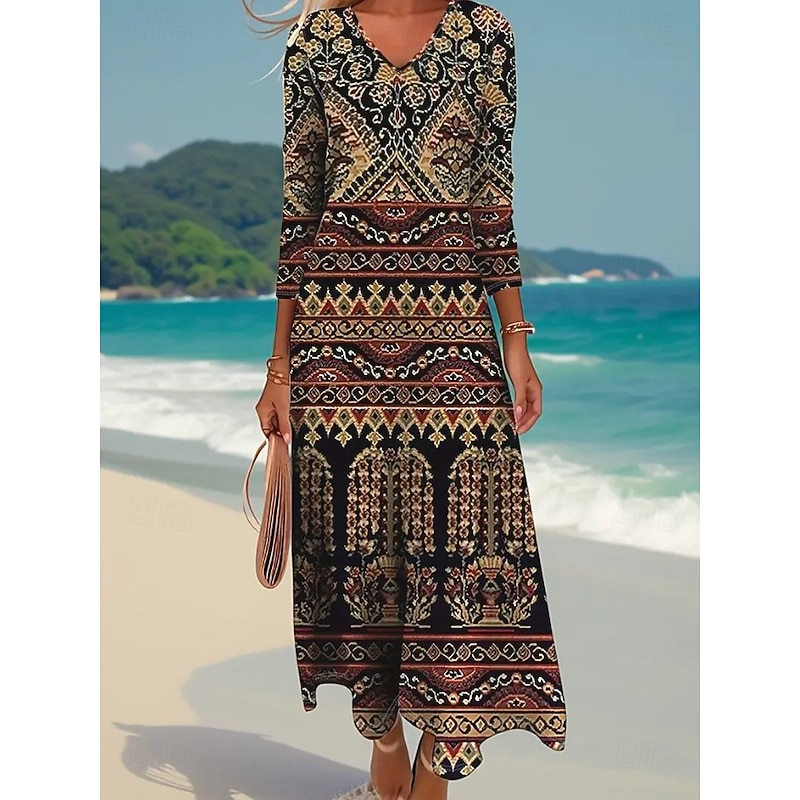 Women's Midi Dress T Shirt Dress Tee Dress A Line Dress Vacation Casual Boho Daily Holiday Date Regular Fit Floral Graphic Geometric Long Sleeve V Neck Dark Brown White Rusty Red Red Fall Winter2