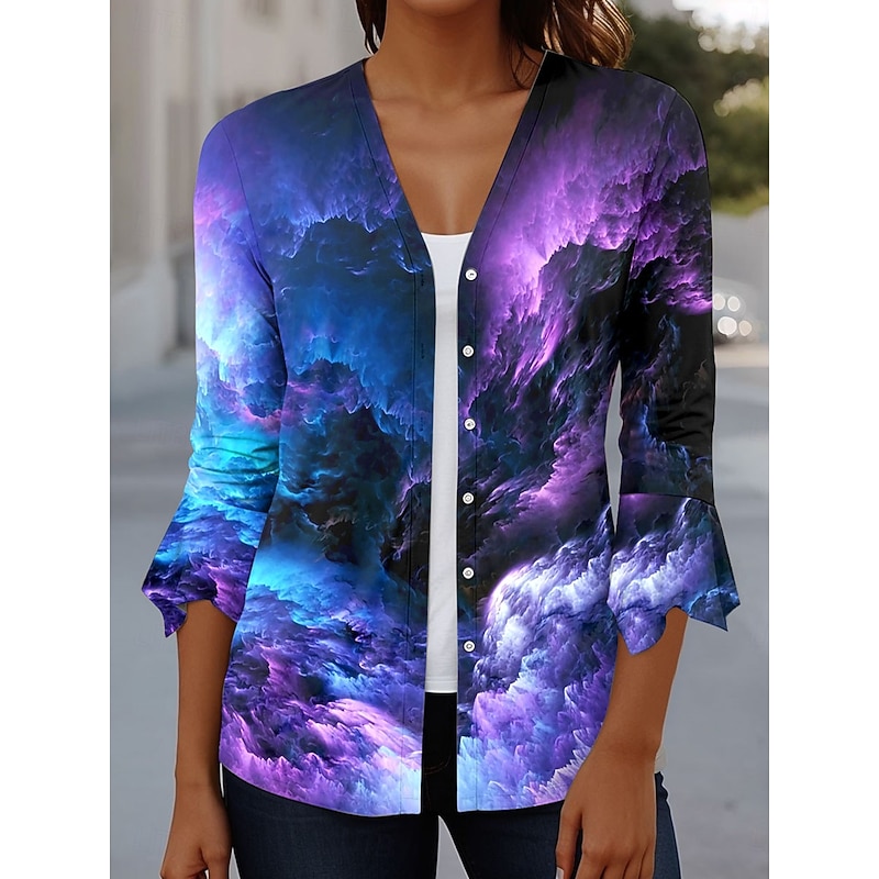 Women's T Shirt Ombre Graphic Elegant Vintage Stylish 3/4 Length Sleeve V Neck Regular Tops Daily Going out Ruffle Buttons Blue Purple Green Summer Spring Fall