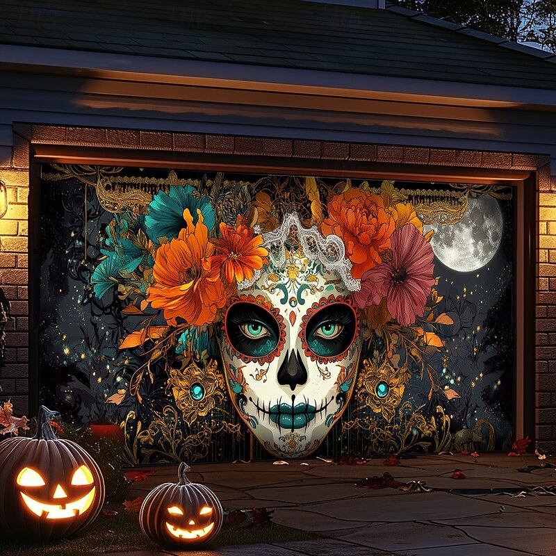 Day of the Dead Garage Door Cover Large Hanging Backdrop Skeleton Marigold Mexico Dark Punk Gothic Style Party Outdoor Shooting Backgrounds Front Door Home Decor3