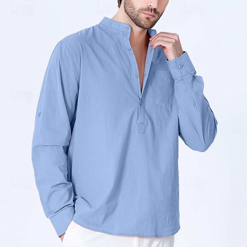 Men's Shirt Band Collar Shirt Popover Shirt Casual Shirt Black White Yellow Royal Blue Sky Blue Long Sleeve Plain Henley Vacation Daily Front Pocket Clothing Apparel Fashion Streetwear4