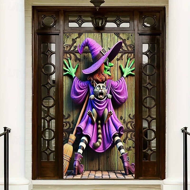 Halloween Witch Door Cover for Indoor/Outdoor – Cute Green Witch Girl with Cat and Broom, Cartoon Style Front Door Decoration for Trick or Treat2