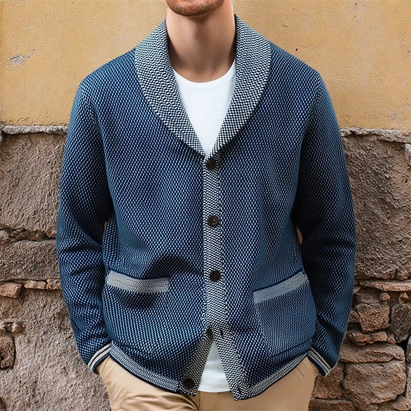 Men's Cardigan Sweater Cropped  Sweater Knit Sweater Ribbed Knit Regular Tops Pocket Buttons Color Block Lapel Fashion Classic Vacation Daily Wear Clothing Apparel Fall Winter Navy Blue M L XL