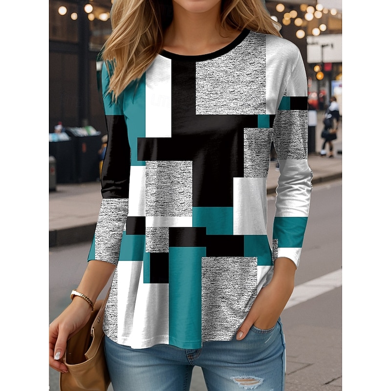 Women's T Shirt Graphic Color Block Vintage Fashion Casual Long Sleeve Crew Neck Regular Tops Daily Print Red Royal Blue Blue Purple Green Spring Fall