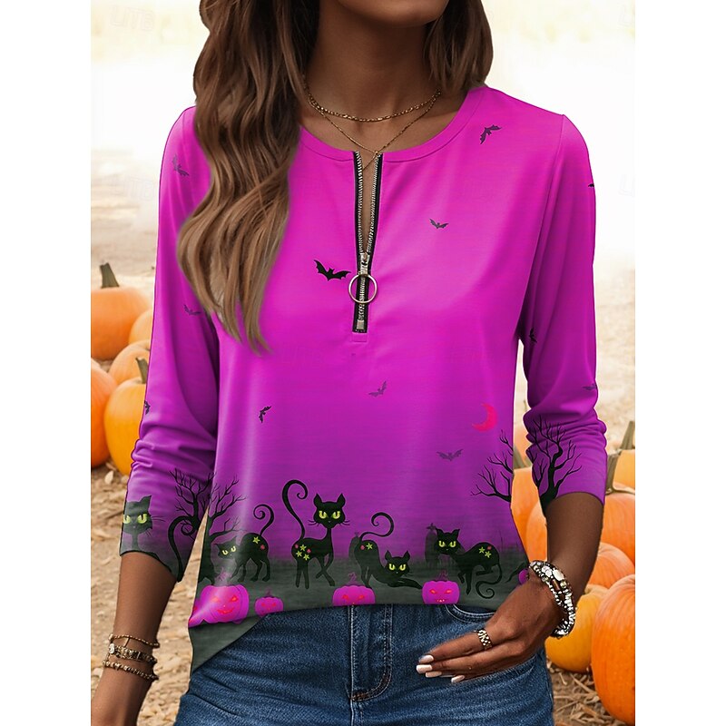 Halloween Women's T shirt Pumpkin Graphic Vintage Casual Long Sleeve Round Neck Regular Tops Daily Weekend Zipper Print Blue Purple Orange Green Fall Winter3