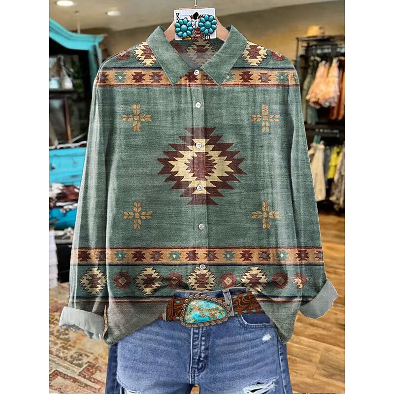 Women's Shirt Graphic Geometric Elegant Bohemia Daily Long Sleeve Shirt Collar Regular Tops Work Daily Buttons Print Yellow Red Blue Brown Green Spring Fall Winter