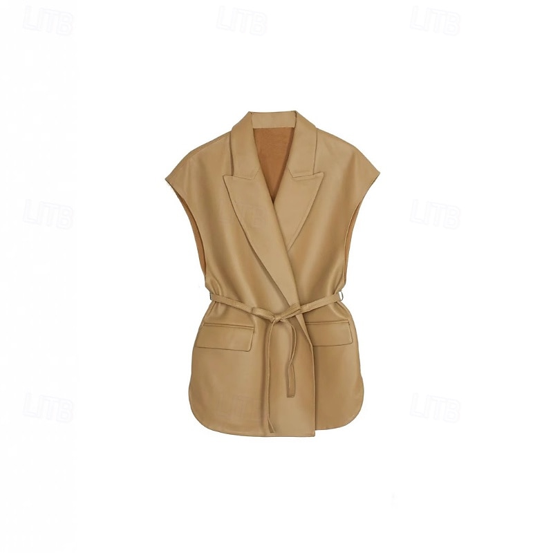 Women's Faux Leather Jacket Vest Comfortable Lace up Pocket Fashion Plain Outdoor Holiday Daily Wear Going out Open Front Long Turndown Regular Fit Sleeveless Outerwear Black Camel Winter4