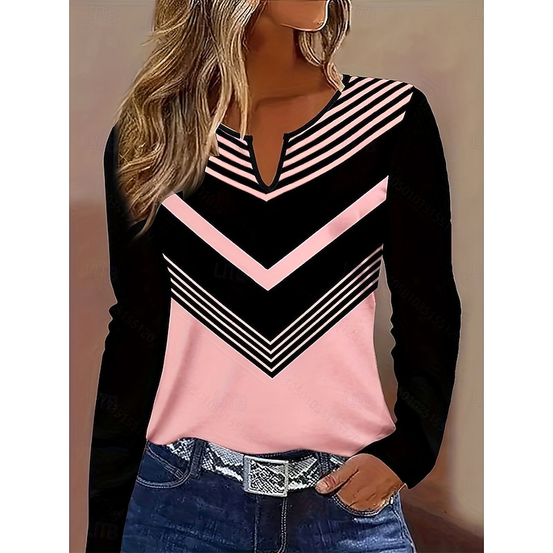 Women's T Shirt Ombre Graphic Striped Vintage Stylish Classic Long Sleeve V Neck Notched Neck Regular Tops Daily Weekend Print Pink Sky Blue Khaki Spring Fall